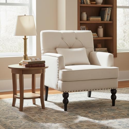 HUIMO Accent Chair, Tufted Upholstered Club Chair, Beige | Upholstered Fabric Armchairs, Button Tufted Reading Chairs for Living Room, Bedroom