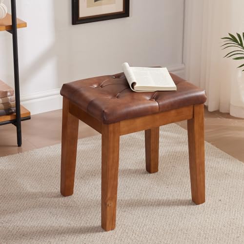 Ottoman Vanity Wooden Stool with Padded Seat, Faux Leather Brown | Square Wood Accent Dining Makeup Piano Stool with Button-Tufted Padded Upholstered Seat & Wood Legs for Living Room Bathroom