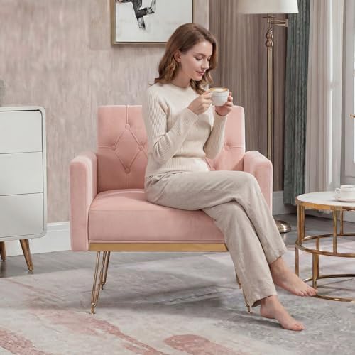 Olela Accent Chair with Arm for Living Room, Velvet Modern Armchair, Pink | Single Sofa Cozy Tufted Upholstered Reading Side Chairs with Gold Metal Leg for Bedroom Decorate