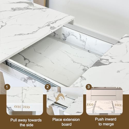 63"-78.74" White Faux Marble Extendable Dining Room Table Set for 6, 7-Piece Dining Table Set with 6 Chairs, Rectangle Wooden Expanding Kitchen Table and Grey Upholstered Chairs Set