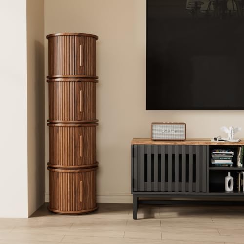 Round Coffee Table Set of 2, Nesting Side Table with Sliding Door Storage | Rotatable Round Coffee Table, Fluted Wood Drum End Table with Storage Compartment, Versatile Side Cabinet for Home Decor
