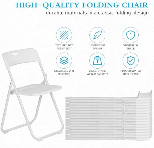 10 Pack White Plastic Folding Chairs, Lightweight Foldable Chair | 300lb Capacity Metal Frame Portable Stackable Commercial Seat for Party Events Wedding Office Picnic Indoor Outdoor