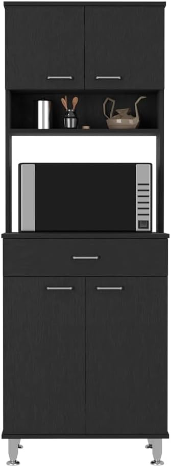 Pantry Cabinet 67" H, Four Doors, One Drawer, Three Internal Shelves, 2 External Storage Shelves, Microwave Storage Option, Four Legs, Black