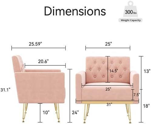 Olela Accent Chair with Arm for Living Room, Velvet Modern Armchair, Pink | Single Sofa Cozy Tufted Upholstered Reading Side Chairs with Gold Metal Leg for Bedroom Decorate