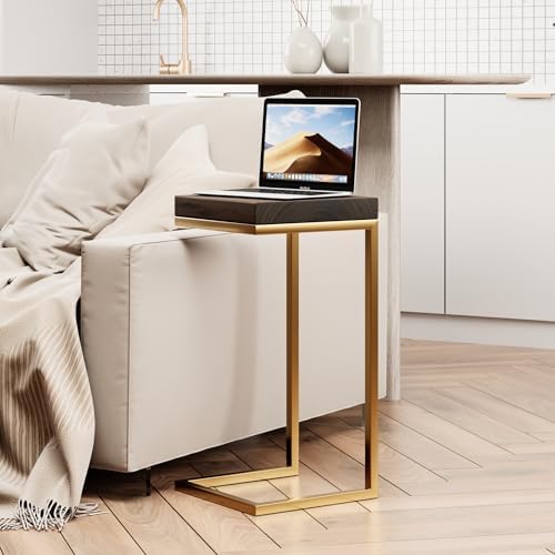 Urbandi C Shape Rustic Side Table for Living Room Couch Tray, Nightstand for Bedroom, End Table, Made in USA from Solid Pine Wood and Strong Metal Base, Comes Fully Assembled (Gold/Jacobean)