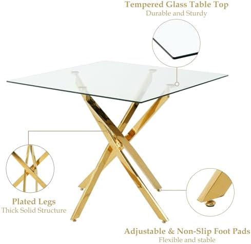 36 Inch Dining Table Set for 4, Modern Square Tempered Glass Top, Gold Finish Stainless Steel Legs Table and PU Leather Chairs for Dining Room, Living Room, Kitchen, Beige with Gold Base