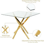 36 Inch Dining Table Set for 4, Modern Square Tempered Glass Top, Gold Finish Stainless Steel Legs Table and PU Leather Chairs for Dining Room, Living Room, Kitchen, Beige with Gold Base
