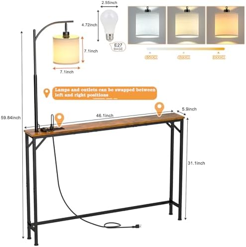 keomaisyto Skinny Sofa Table with Outlet & 3-Color Light, Console Table | 48.1" Behind Couch Table with 3 Color Temperatures Led Bulb, Narrow Console Table for Living Room, Bedroom, Entryway, Hallway