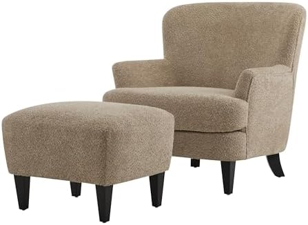 Christopher Knight Home Winnie Accent Chair and Ottoman Set, Living Room/Bedroom Wooden Comfy Reading Chair with Footrest Stool, Boucle Upholstered Wingback Single Sofa, Brown