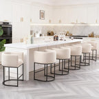 26" Counter Height Bar Stools Set of 4, Black Frame, Linen | Linen Upholstery, Barrel Backrest, Built-In Armrests, Kitchen Island Use, Sturdy Metal Frame, Counter Height