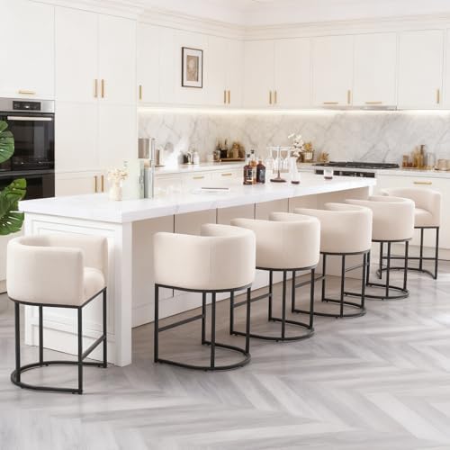 26" Counter Height Bar Stools Set of 4, Black Frame, Linen | Linen Upholstery, Barrel Backrest, Built-In Armrests, Kitchen Island Use, Sturdy Metal Frame, Counter Height