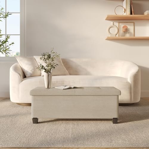 Storage Ottoman Bench with Bins, 43-in Storage Bench for Bedroom End of Bed, Folding Foot Rest Ottoman for Living Room Max 660lbs, Fabric Ottomans, Beige
