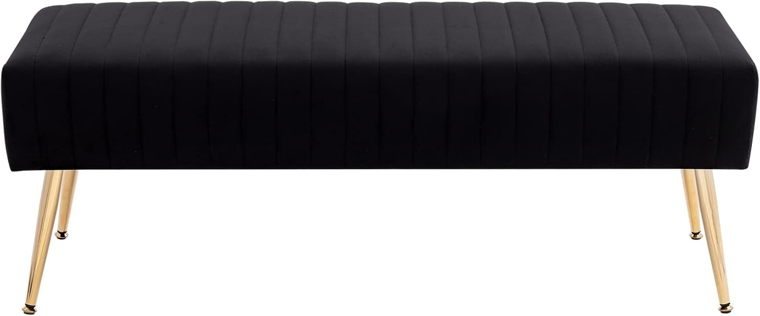 Furniliving 44 Inch Bedroom Bench, Upholstered Tufted Striped Fabric Ottoman Benches with X-Shaped Metal Legs for Living Room, Entryway Solid Wood Indoor Bench for Foyer (Black)