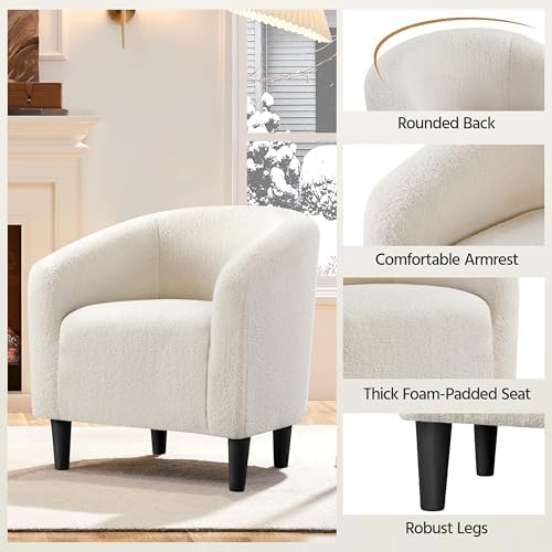 Yaheetech Small 25.5in Wide Sherpa Barrel Accent Chair for Bedroom, Ivory | Compact Cozy Barrel Chairs with a Curved Silhouette, Upholstered Furry Armchair for Small Spaces, Living Room Bedroom Corner
