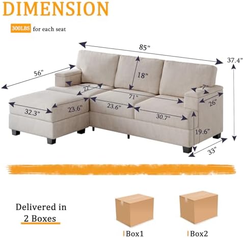 85'' L Shaped Couch with Armrest Organizer,Sectional,Movable Ottoman,Khaki | Comfy Sectional Sofa with Thick Cushion,3 Seats Sofas,Sectional Couches for Living Room,Bedroom,Apartment,Chenille