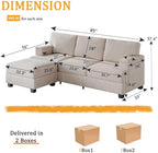85'' L Shaped Couch with Armrest Organizer,Sectional,Movable Ottoman,Khaki | Comfy Sectional Sofa with Thick Cushion,3 Seats Sofas,Sectional Couches for Living Room,Bedroom,Apartment,Chenille