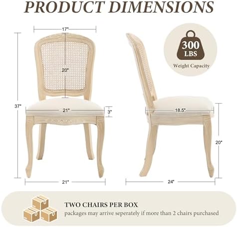 Wicker Dining Chairs Set of 4, Upholstered Linen Fabric Dining Room Chairs with Square High Rattan Back Farmhouse French Kitchen Chairs for Dining Table/Living Room/Restaurant, Cream