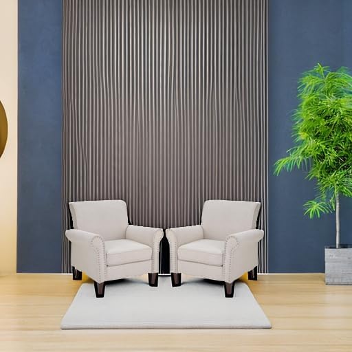 PrimeZone Comfy Accent Chairs Set of 2, Mid-Century Modern Arm Chair, Beige | Soft Cushion, Rolled Armrest, Elegant Nailhead Trim, Sturdy Wood Frame, Ideal for Living Room, Bedroom & Waiting Areas