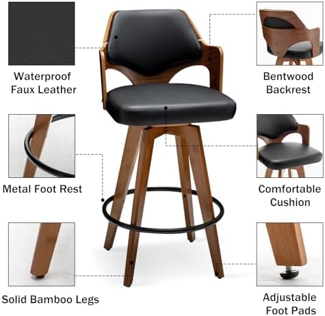 MEKLIBA Swivel Bar Stools Set of 2,30 Inch Bar Height Bar Stools,Upholstered Bar Chair with Bamboo Legs,Low Back Bar Stool for Kitchen Island (Black-PU)