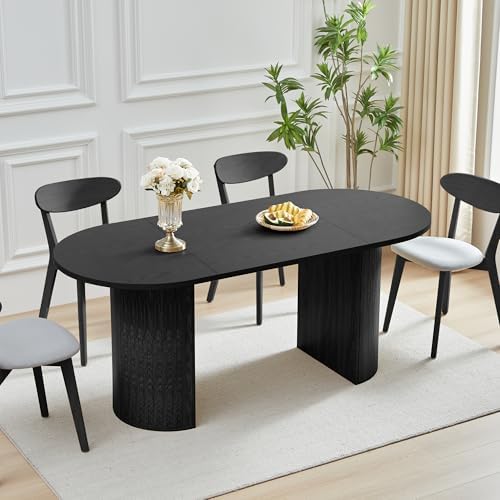 70.8 Inch Dining Table for 4-6 People, Oval Kitchen Table with Semi-Cylindrical Legs Base, Modern Farmhouse Round Dinner Tables for Dining Room Kitchen Living Room (Black)