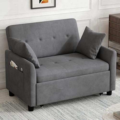 3 in 1 Convertible Pull Out Sleeper Couch Sofa Bed, Grey | Small Sleeper Sofa with Pillow, Adjustable Backrest Futon loveseat, Velvet Love Seat and Phone Holder for Living Room