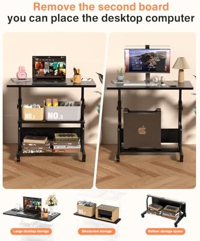 QZMDSM Portable Rolling Desk on Wheels Adjustable Height Desks for Small Spaces, 32" Computer Desk Drafting Tables with Storage Shelves for Home Office Black