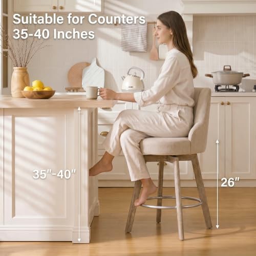 Swivel Counter Height Bar Stools,Barstools with Backs,Sand-Colored Bar Stools Set of 3,26'' Solid Wood Legs,Linen Fabric Thickened Seat Cushion Bar Stools
