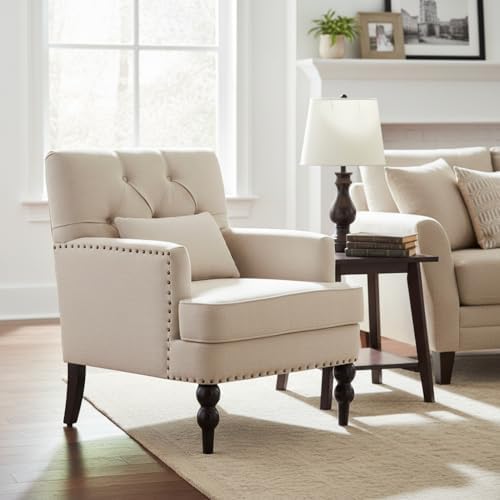 HUIMO Accent Chair, Tufted Upholstered Club Chair, Beige | Upholstered Fabric Armchairs, Button Tufted Reading Chairs for Living Room, Bedroom