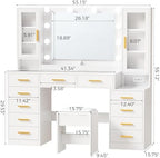 53.15" Large Glass Top Vanity Desk with Mirror and Lights, White