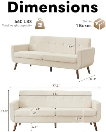 Tbfit 77.2" W Linen Sofa Couch, Mid Century Modern Decor Loveseat Couches for Living Room, Button Tufted Upholstered Small Couch for Bedroom, Solid, and Easy to Install Love Seats Furniture, Beige