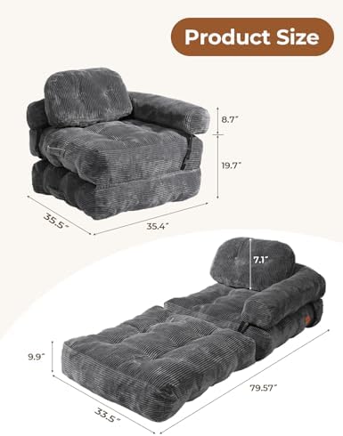 Folding Sofa Bed, L-Shaped Couch Back Support and Arm Pillow Futon | Convertible Sofa Bed for Living Room/Guest Use/Home Office, Foldable Couch for Adults, Dark Gray
