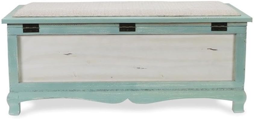 Pemberly Row Shabby-Chic Wood Bench Chest, Seafoam Green & Off White Finish, Cushioned Seat with Hinged Lift-Up Storage, Handcrafted Bedroom or Entryway Seating Organizer, Fully Assembled