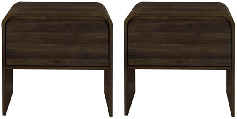Pemberly Row Modern 2-Piece Wood End Table Set, Walnut Finish, 21.6 in W x 15.7 in D x 21.6 in H, Sturdy Eco-Friendly Build, Drawer Storage, Minimalist Style Bedside or Living Room Tables
