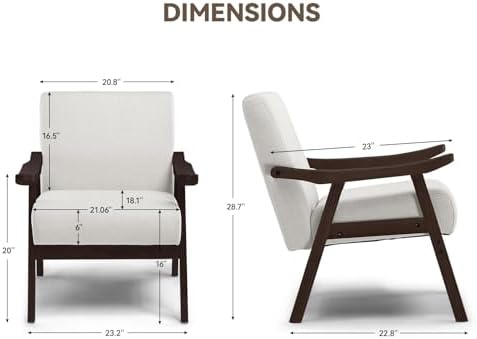 COMHOMA Accent Chair, Mid Century Modern Chair with Solid Wood Armrest, Comfy Upholstered Reading Armchair for Living Room, Bedroom, Balcony (Brown Curved Armrests, Beige)