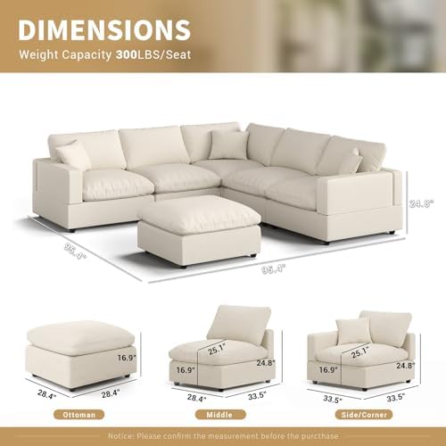Modern Sectional Linen Couch for Living Room V Shape Sofas,5 Seat with Ottoman Modular Cloud Sofas with Ottoman,Couches Cushion Covers Removable,Cozy Feather Down Sofa for Apartment Khaki