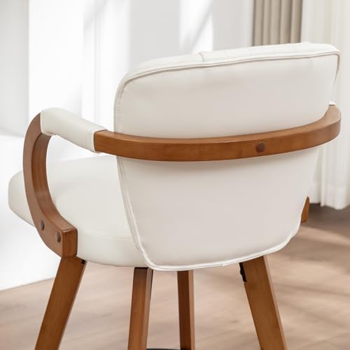26" Swivel Counter Height Bar Stools with Back White Faux Leather Kitchen Island Bar Chairs with Arms,Spliced Pleated Wingback Barstools for Bar/Kitchen/Dining Room,Set of 2