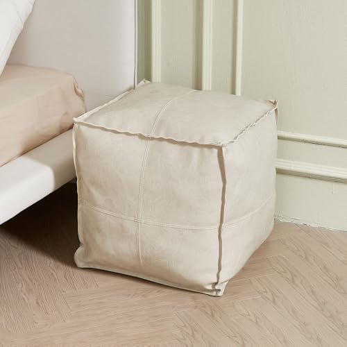 Louis Donné 17.7 Inch Unstuffed Square Pouf Ottoman Cover, Handmade Faux PU Leather Foot Rest Cover, Storage Floor Chair Cushion Case,White Decorative Pouf for Living Room Home,Only Cover No Filler