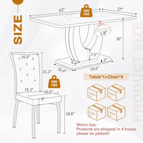 5 Piece Faux Marble Dining Table Set for 4, 63" Rectangular Kitchen Table and Chairs Set with 4 Tufted PU Leather High Back Chairs, Modern Dining Room Table Set with U-Shaped Pedestal Base, White Gold
