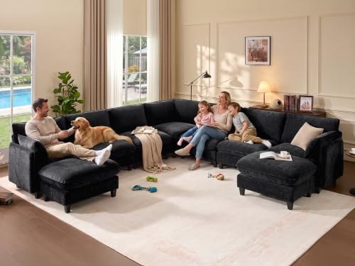 Ihanherry 139" Oversized V-Shaped Modular Sectional Couch, 9-Seater Cloud Sofa with Corner & Movable Ottoman, Large Cushions, Chenille Deep Seat Living Room Furniture Set,Black