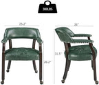 Set of 6 Dining Leather ArmChairs with Casters,Green PU, 360° Move | Accent Kitchen Chairs with Wheels, Captain's Rolling Poker Table Chair Set, Button Tufted Cushion, Open Back, for Home Office