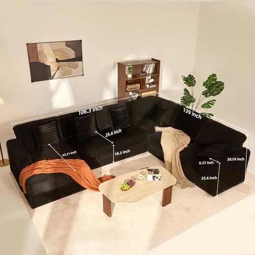 GOSUHI 139" U-Shaped Cloud Couch, Modular Sectional, Deep Seats, Black | Pocket Spring Cushions, Oversized 7-Seater, Left Facing Chaise, Corduroy Upholstery Couches for Living Room