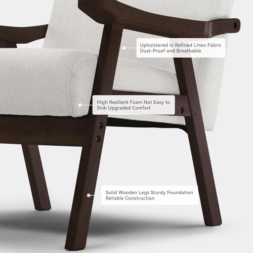 COMHOMA Accent Chair, Mid Century Modern Chair with Solid Wood Armrest, Comfy Upholstered Reading Armchair for Living Room, Bedroom, Balcony (Brown Curved Armrests, Beige)