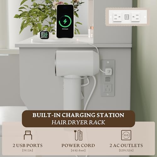 Makeup White Vanity Desk with Lights and Mirror, Small Vanity for Bedroom | Vanity set with Stool, 3 Lighting Modes, Adjustable Brightness, Storage Shelves, Hair Dryer Holder and Spacious Tabletop