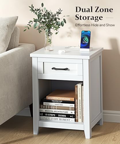 Decofy Farmhouse Nightstand with Charging Station & Large Storage, Set of 2 Modern End Tables with Outlets, USB Ports and Type-C Ports, Easy Assembly for Bedroom (Pure White)