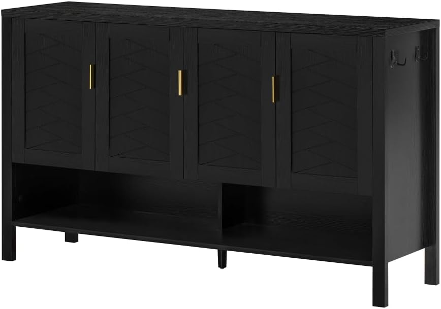 U_STYLE 55.1''Storage Sideboard with 4-Doors,Multi Functional Buffet with Open Shelf and 2-Tiers Adjustable Shelves,Modern Cabinet with Double Hooks,Suitable for Living Room, Hallway, Dining,Office.