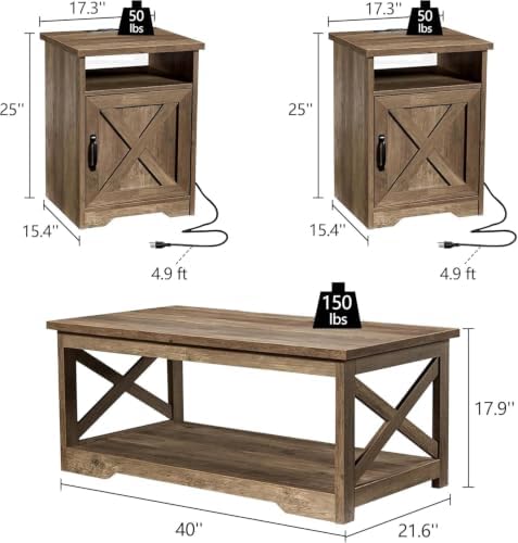 LUXOAK 3 Piece Living Room Table Set with Barn Door, Barnwood | Includes Coffee Table and 2 End Tables, Charging Station &USB Ports, Rustic Farmhouse Style, Living Room Furniture Set