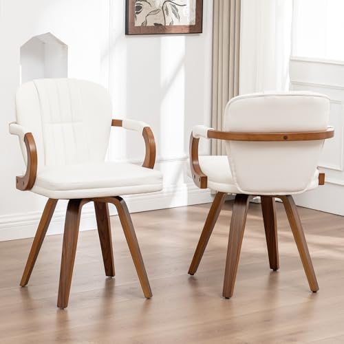 Swivel Dining Chairs Mid Century Modern White Faux Leather Upholstered Kitchen Chairs with Bentwood Frame Armrests Side Chairs,Comfortable Ergonomic Wood Accent Chair No Wheels,1PCS