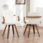 Swivel Dining Chairs Mid Century Modern White Faux Leather Upholstered Kitchen Chairs with Bentwood Frame Armrests Side Chairs,Comfortable Ergonomic Wood Accent Chair No Wheels,1PCS