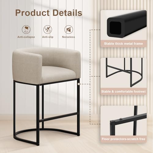 26" H Counter Height Bar Stools Set of 2, Modern Barrel Counter Stools with Backrest and Arms, Linen Fabric Upholstered Accent Barstools for Kitchen Island,Support 450 LBS (Beige)