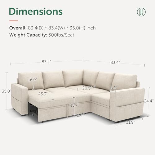 HONBAY Modular Sectional Sleeper Sofa with Pull Out Bed, L Shaped Couch with Storage Seat, Convertible Sectional Couches for Living Room, Beige